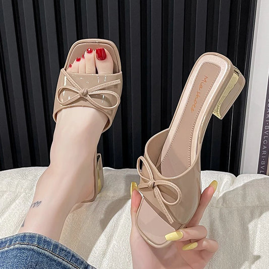 Julyya New Sandals for Women Rubber Square-Toe Heels with Bow French Style