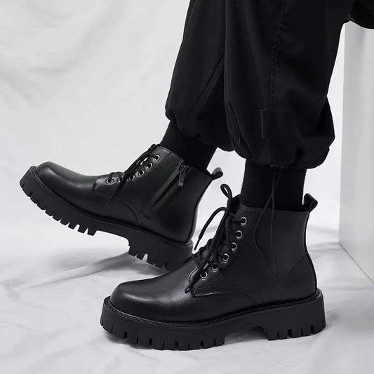 New Men's Korean Martin Boots British Style Black High-Top Leather Shoes Chelsea Zipper Short Boots
