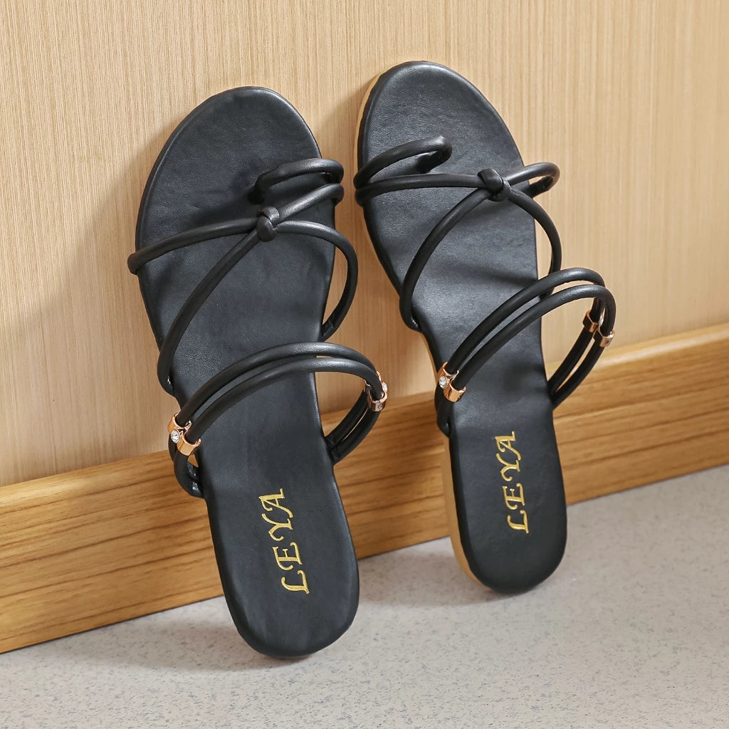 New Roman Braided Leather Open Toe Flat Sandals For Women Casual Slip-On Sandals