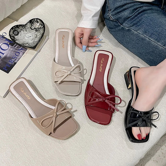 Julyya New Sandals for Women Rubber Square-Toe Heels with Bow French Style