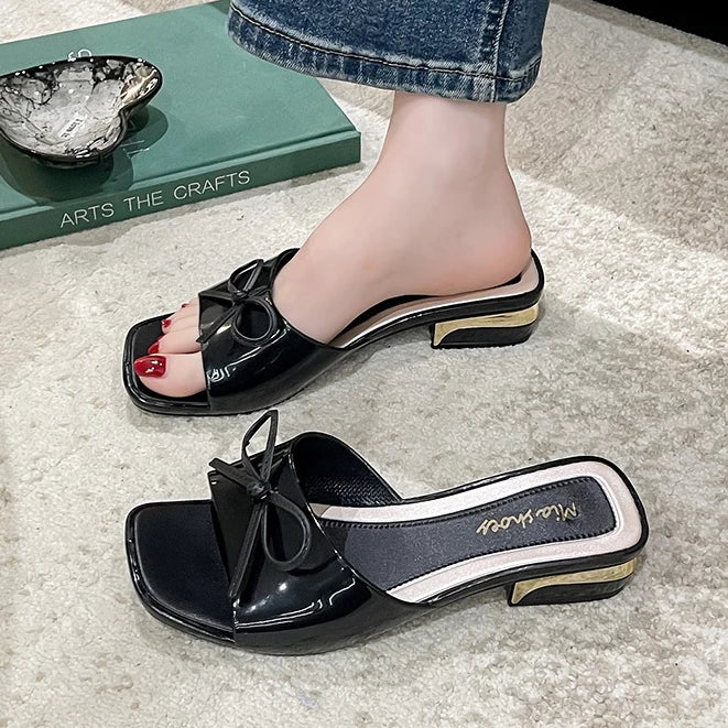 Julyya New Sandals for Women Rubber Square-Toe Heels with Bow French Style