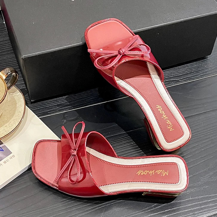 Julyya New Sandals for Women Rubber Square-Toe Heels with Bow French Style