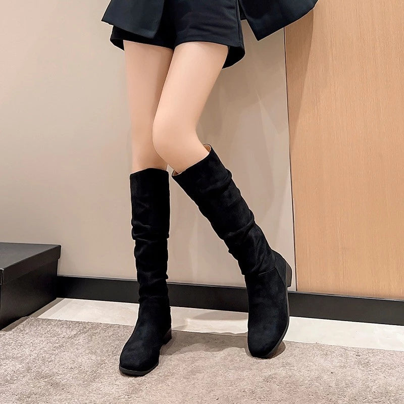 Women's Fashion Low Heel Mid-Calf Boots Casual Classic Suede Leather Flats Long boots for Women