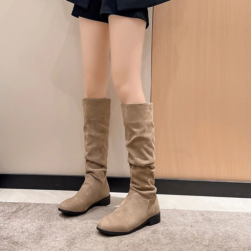 Women's Fashion Low Heel Mid-Calf Boots Casual Classic Suede Leather Flats Long boots for Women