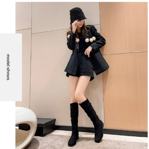 Women's Fashion Low Heel Mid-Calf Boots Casual Classic Suede Leather Flats Long boots for Women