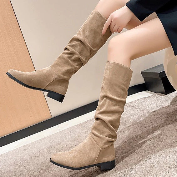 Women's Fashion Low Heel Mid-Calf Boots Casual Classic Suede Leather Flats Long boots for Women