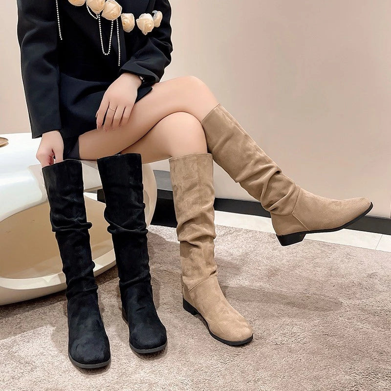 Women's Fashion Low Heel Mid-Calf Boots Casual Classic Suede Leather Flats Long boots for Women